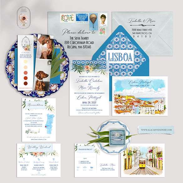 Lisbon Portugal Watercolor Illustrated Destination Wedding Invitation Set