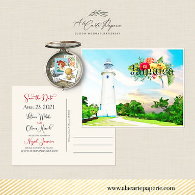 Jamaica Watercolor illustrated Destination wedding Save the date postcard