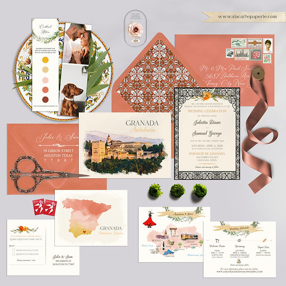 Granada Andalusia Spain Watercolor Illustrated Destination Wedding Invitations