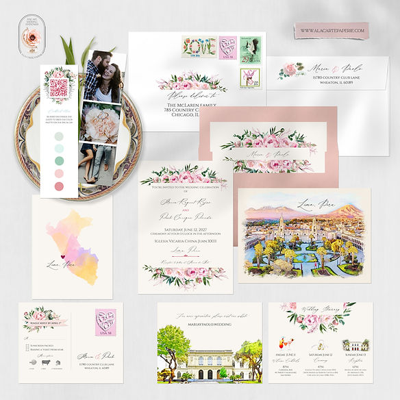 Lima Peru S-American Watercolor Illustrated Destination Wedding Invitation Set