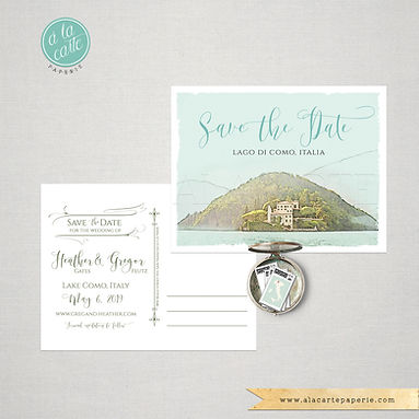 Lake Como Italy Save the Date Watercolor Illustrated postcard