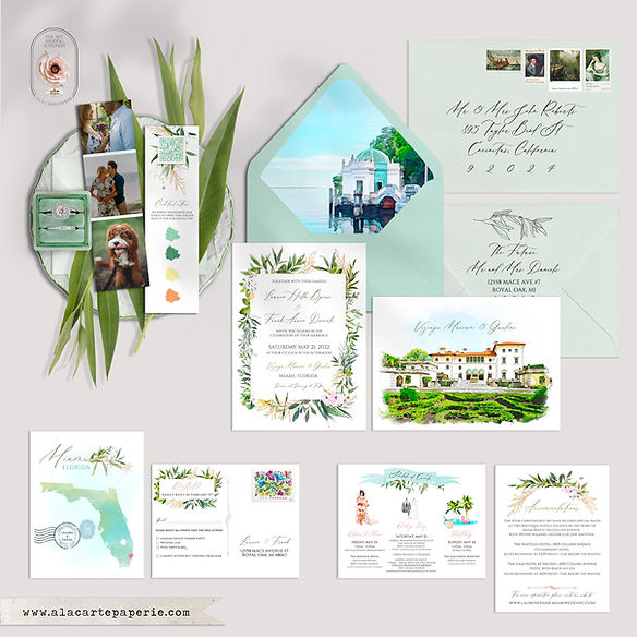 Florida Miami Vizcaya Museum Gardens Destination Wedding Invitation watercolors