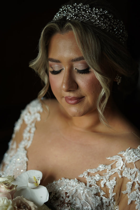 Ellee Real Bride Adorned With Jovanna Luxurious Statement Headpiece / Halo Design