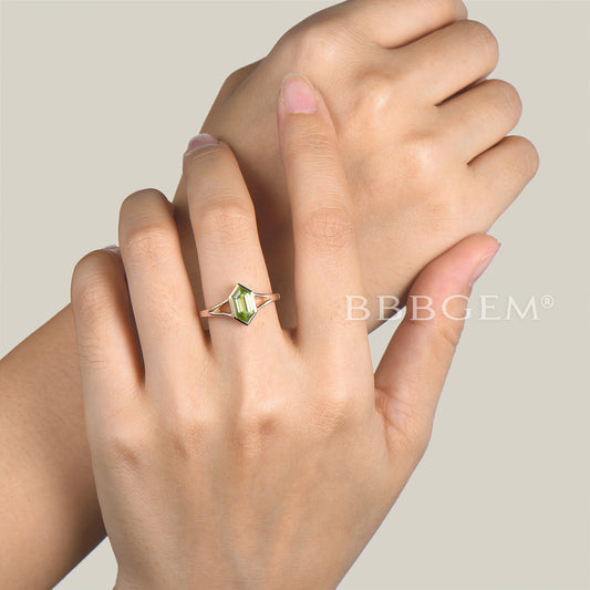 Hexagon Cut Natural Peridot Split Shank Engagement Ring Solitaire Ring
