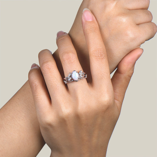 1.5ct Oval Cut White Opal Engagement Ring Leaf Nature Inspired Bridal Set