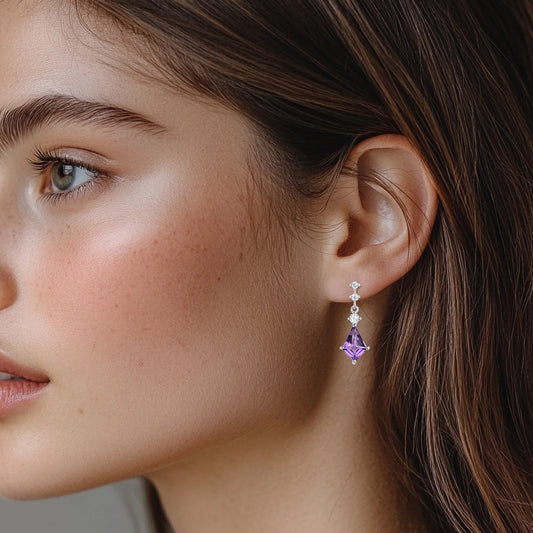 Kite Cut Natural Amethyst Drop Earrings Diamond Minimalist Dangle Crystal Earrings