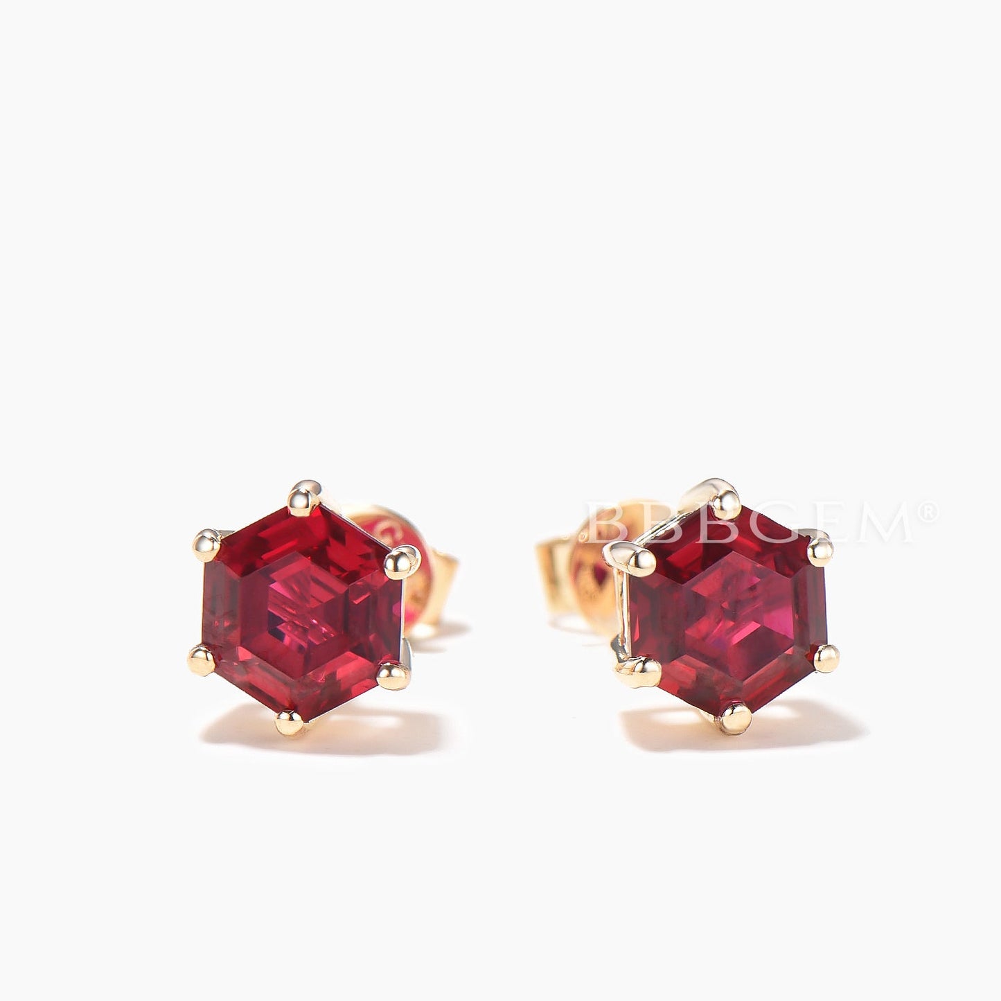 1CT Hexagon Cut Ruby Stud Earrings Yellow Gold Solitaire Wedding Earrings