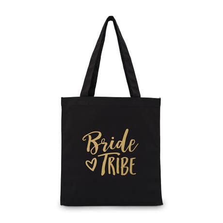 Printed Black Cotton Canvas Fabric Tote Bag - Bride Tribe