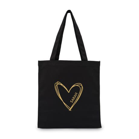 Custom Printed Black Cotton Canvas Fabric Tote Bag - Heart - Unique Gift for Her