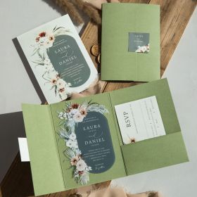 Greenery floral acrylic wedding invitation with Sage green pocket CAPL006