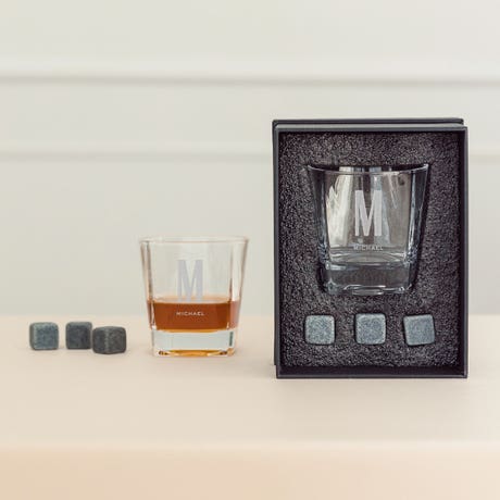 Square 8 Oz. Whiskey Glass Gift Box Set - Sans Serif Monogram - Unique Gift For Him|Her