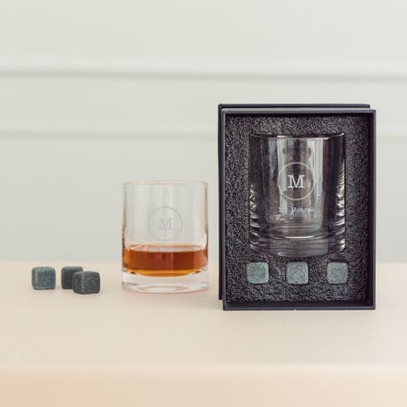 Round 11 Oz. Whiskey Glass Gift Box Set - Circle Monogram - Unique Gift For Him