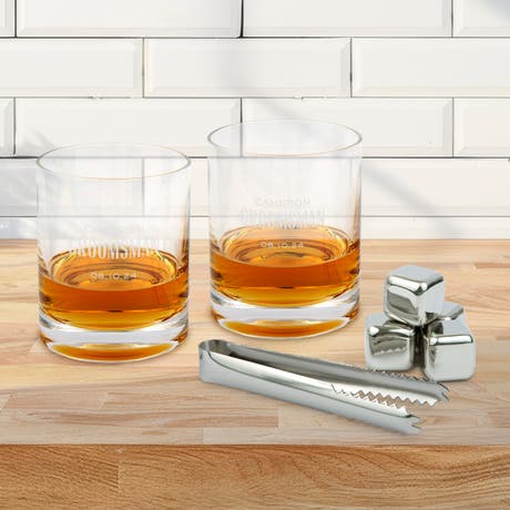 Custom Engraved Round 11 Oz. Whiskey Glass Gift Set with Whiskey Stones - Modern Groomsman
