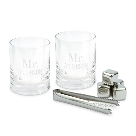 Custom Engraved Round 11 Oz. Whiskey Glass Gift Set with Whiskey Stones - Classic Text