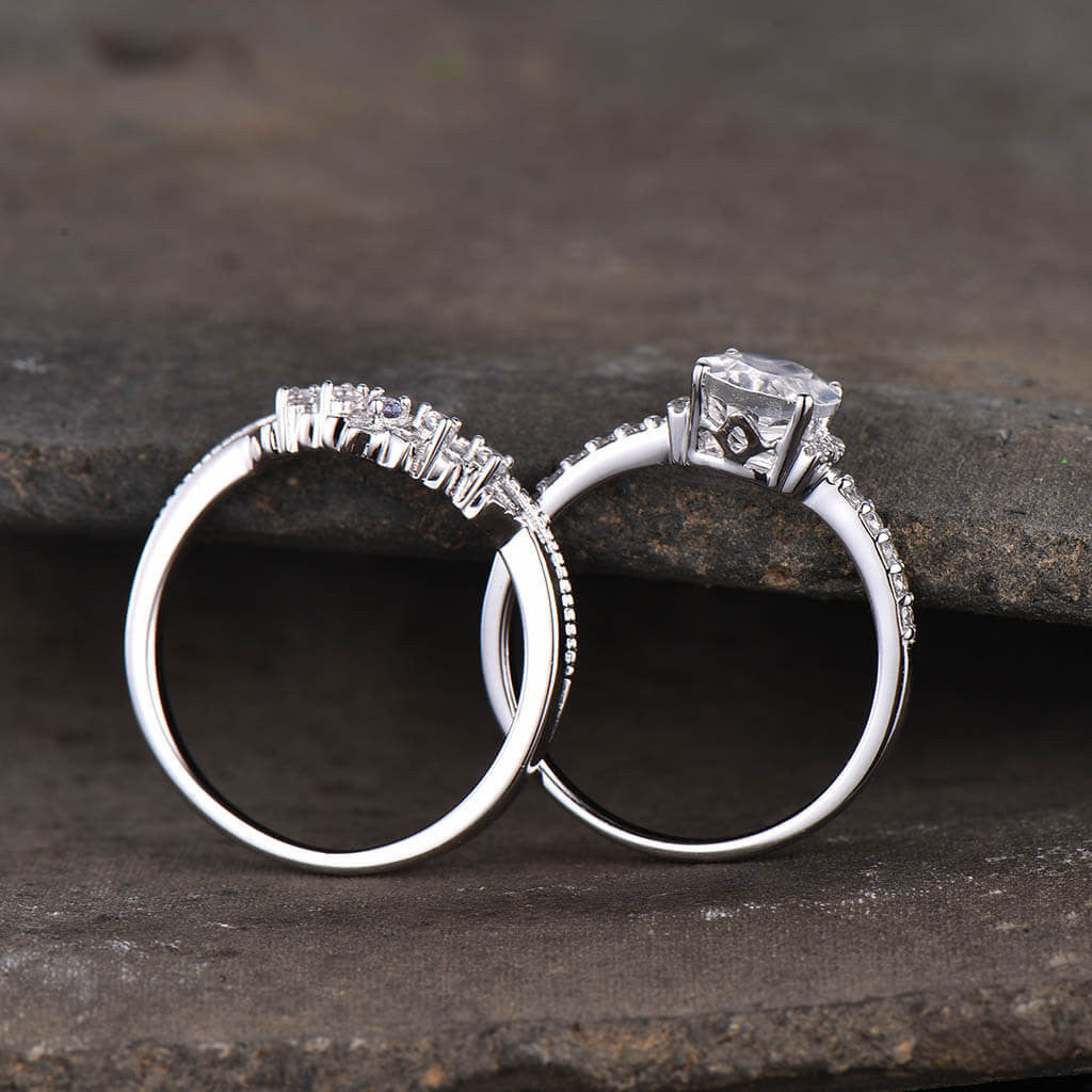 14K/18K Gold Oval Moonstone Diamond Art Deco Unique Engagement Ring Set