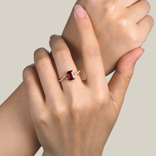 2ct Emerald Cut Natural Garnet Half Eterity Diamond Ring Split Shank Infinity Ring