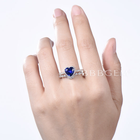 Heart Cut Blue Sapphire Diamond Halo Engagement Ring Half Eternity Bridal Set
