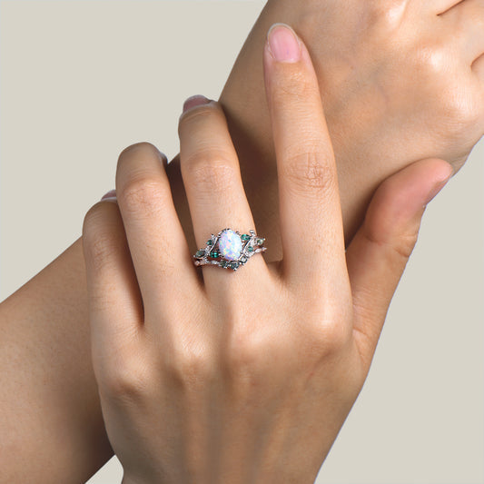1.5ct Oval Cut White Opal Engagement Ring Moss Agate Leaf Nature Inspired Bridal Set