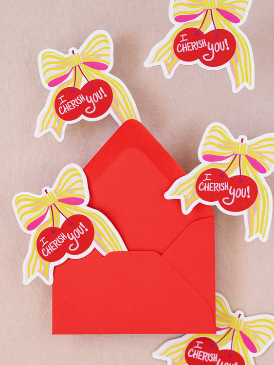 Cherish You Bow Cherry Mini Flat Die Cut Greeting Card - Single