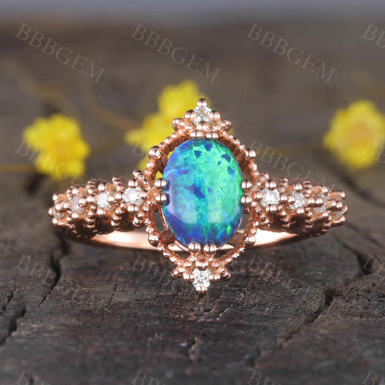 14K/18K Vintage Black Opal Engagement Ring Diamond Band Promise Jewelry