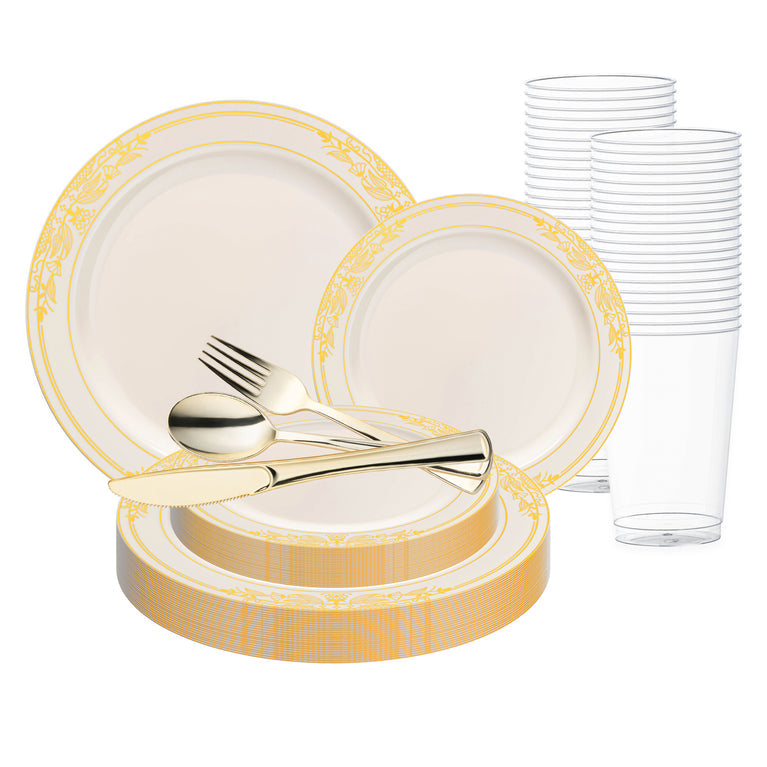 Ivory with Gold Harmony Rim Plastic Wedding Value Set