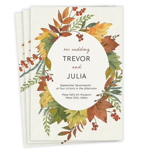 Autumn Leaves Wreath Flat Wedding Invitation