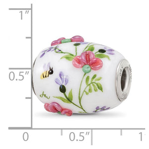 Fenton White Floral Glass & Sterling Silver Barrel Bead Charm