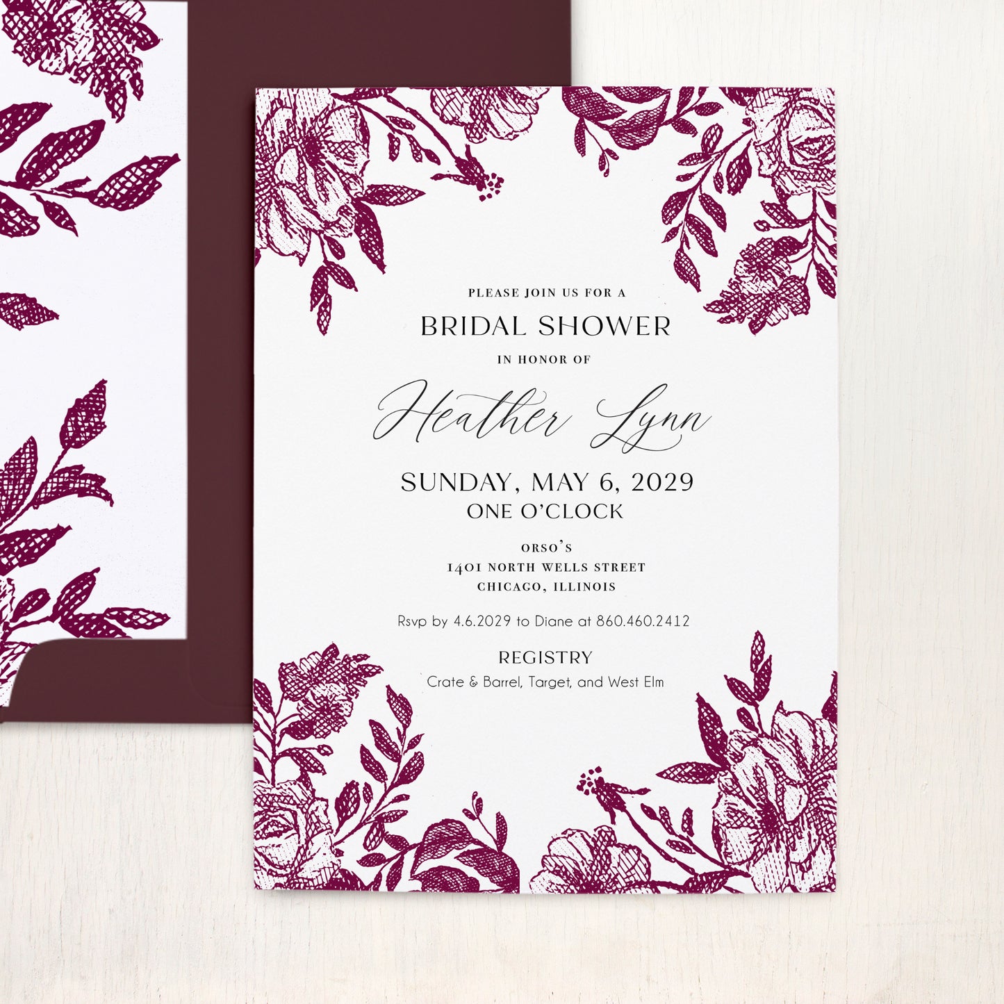 Burgundy Bouquet Bridal Shower Invitations