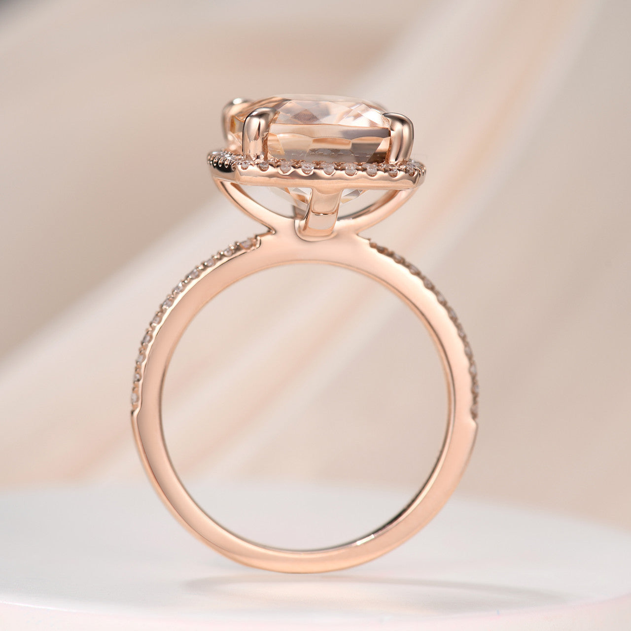 5 Carat Rectangular Cushion Morganite Halo Ring 14k Rose Gold Stacking Band Claw Prongs