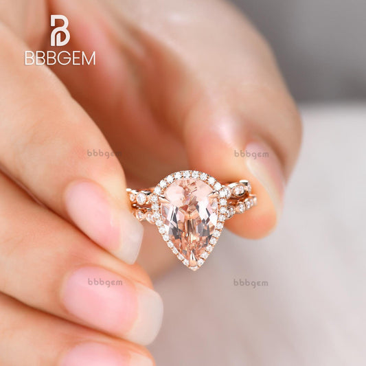 Female 8x12mm Teardrop Rose Gold Natural Morganite Ring Set With Diamond Halo