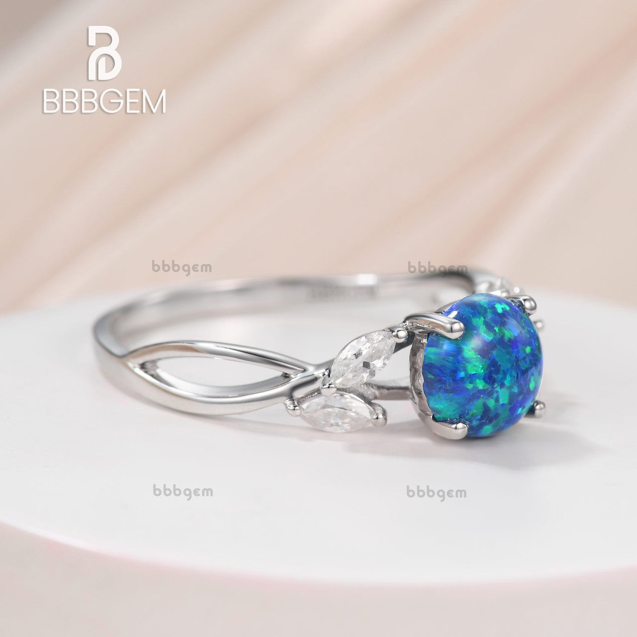 14K/18K Black Blue Opal Moissanite Engagement Ring Rose Gold Are Deco