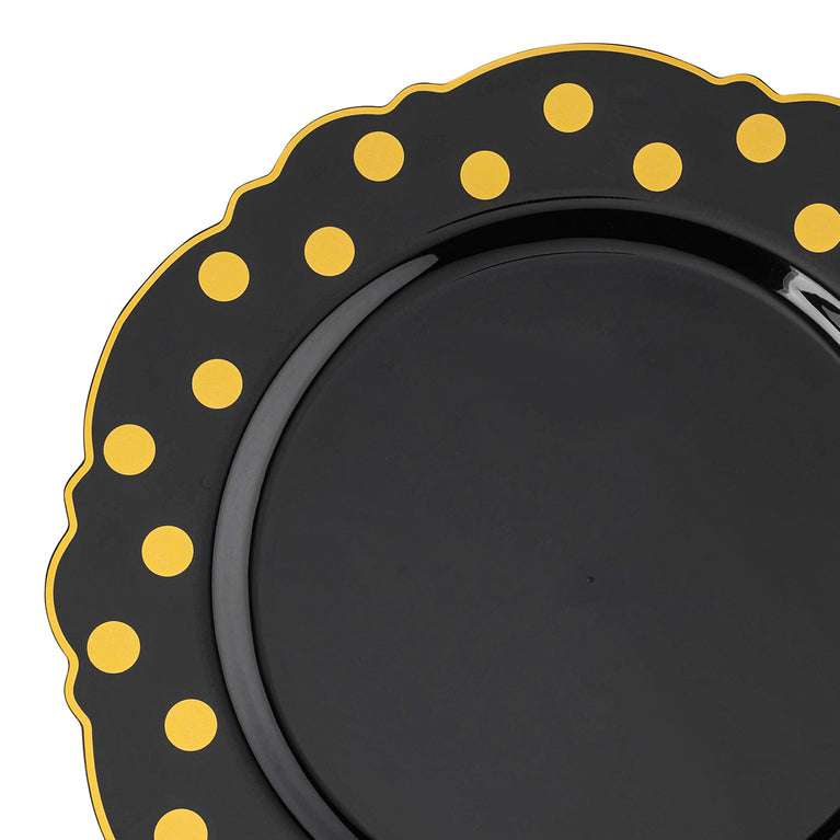 Black with Gold Dots Round Blossom Disposable Plastic Dinner Plates (10.25")