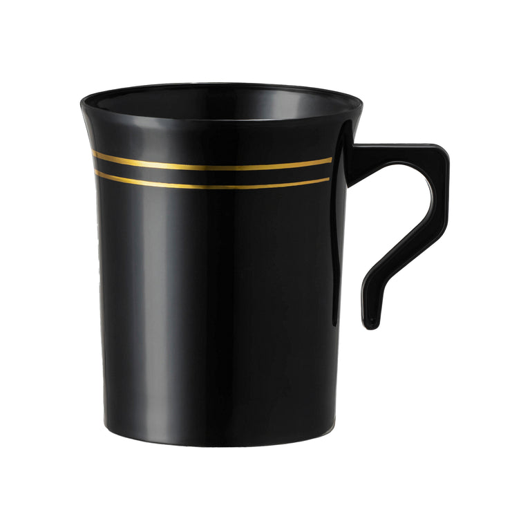 8 oz. Black with Gold Edge Rim Round Plastic Coffee Mugs