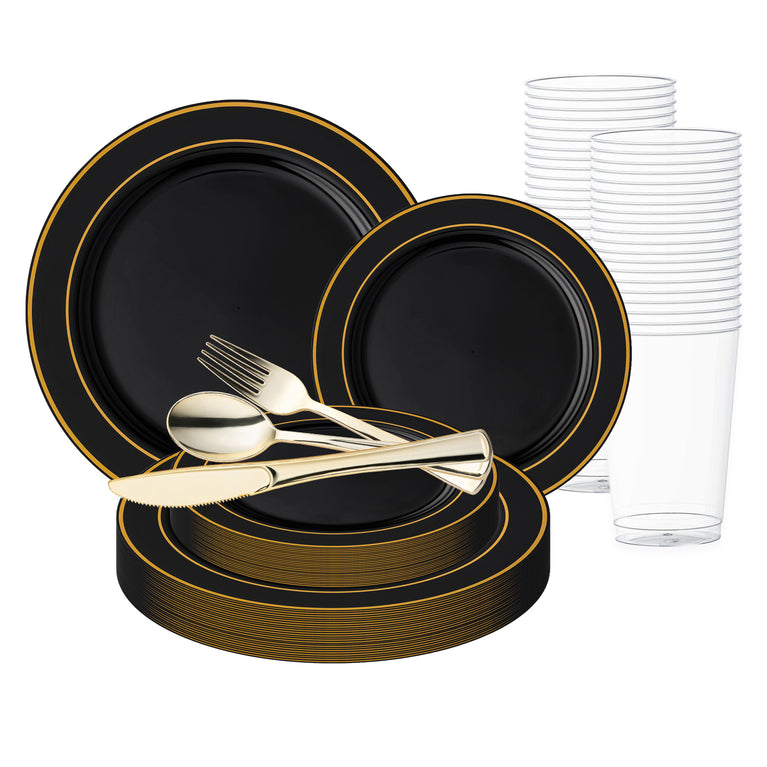 Black with Gold Edge Rim Plastic Wedding Value Set