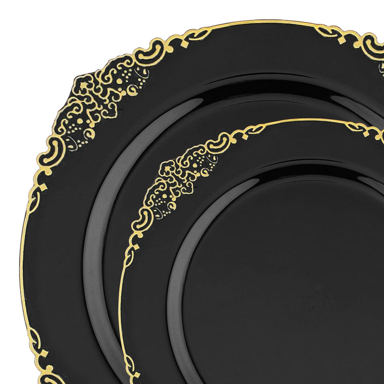 Black with Gold Fancy Round Disposable Plastic Dinnerware Value Set