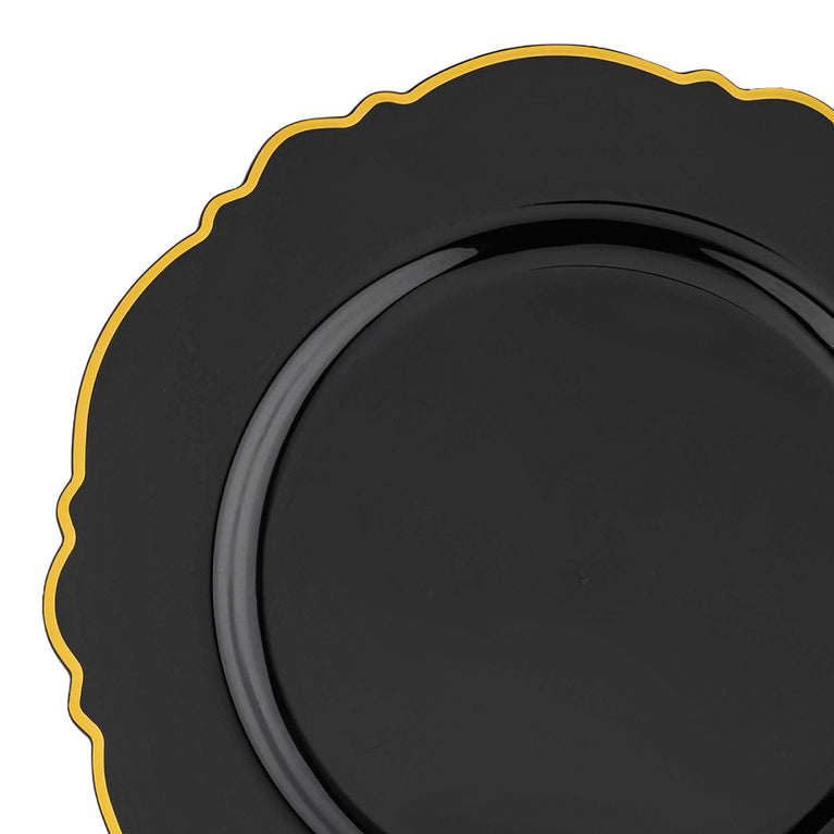 Black with Gold Rim Round Blossom Disposable Plastic Appetizer/Salad Plates (7.5")
