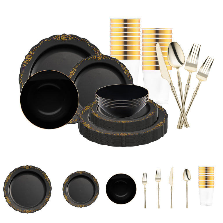 Black with Gold Vintage Disposable Plastic Tableware Set