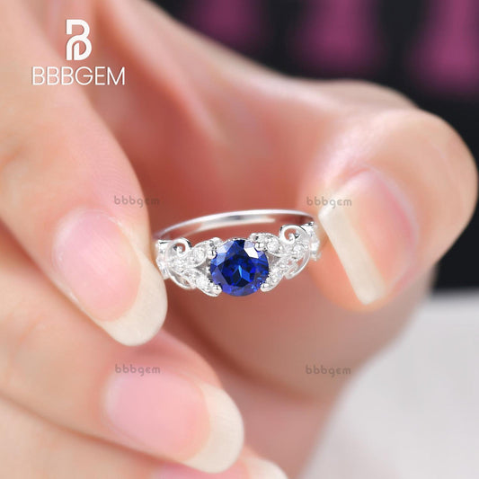 1ct 6mm Sapphire Engagement Ring Vintage Diamond Floral Ring Art Deco