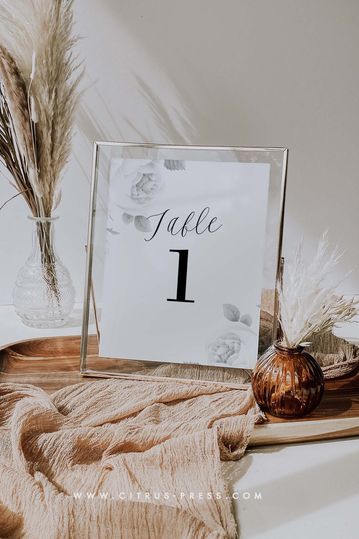 Minimal Botanical Floral Wedding Table Numbers | Black And White Flower | Pdf Template