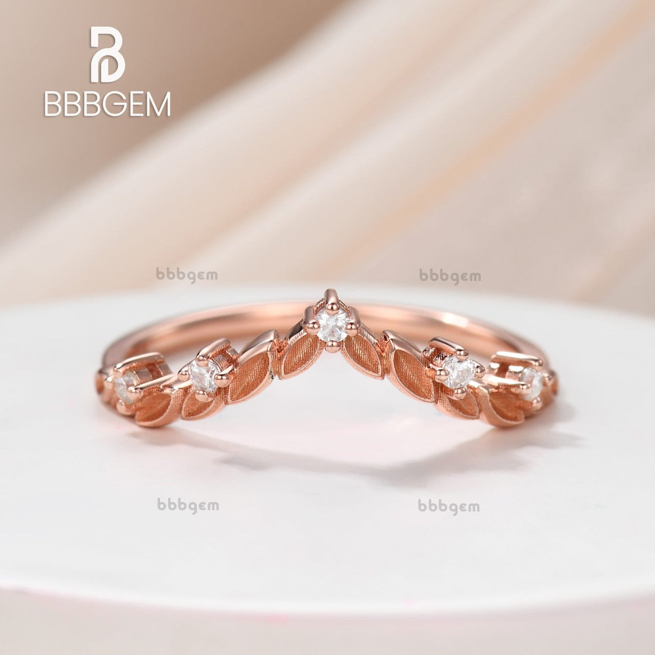 18K Rose Gold Over Silver Wedding Band Marquise Foliage Diamond Moissanite Leafy Women's Ring Anniversary Gift