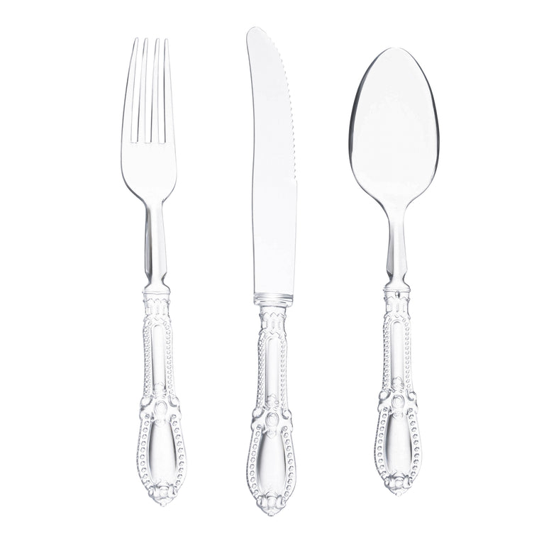 Clear Baroque Disposable Plastic Cutlery Set - 20 Spoons, 20 Forks and 20 Knives
