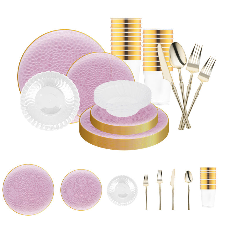 Clear Pink with Gold Rim Hammered Glass Disposable Plastic Tableware Set