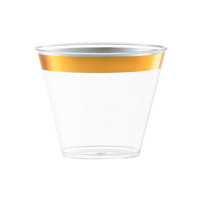9 oz. Clear with Metallic Gold Rim Round Disposable Plastic Cups