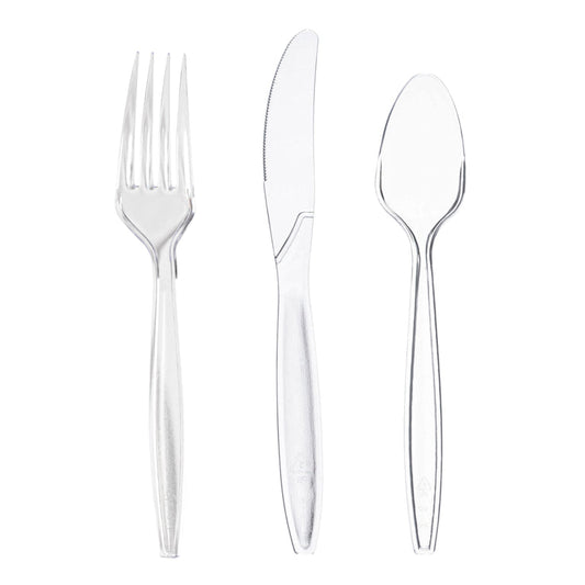 Clear Disposable Plastic Cutlery Set - 100 Spoons, 100 Forks and 100 Knives