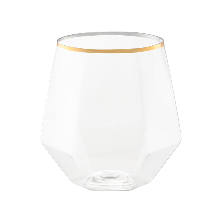 12 oz. Clear with Gold Rim Hexagonal Stemless Plastic Wine Goblets