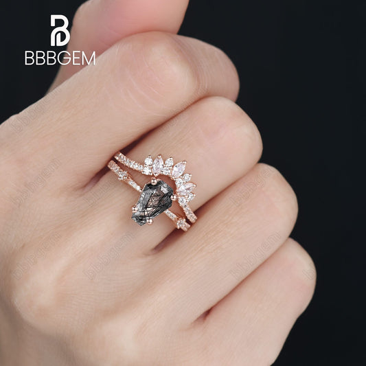 Dark Night Black Coffin Cut Wedding Ring Set Natural Rutilated Quartz Promise Bridal Set