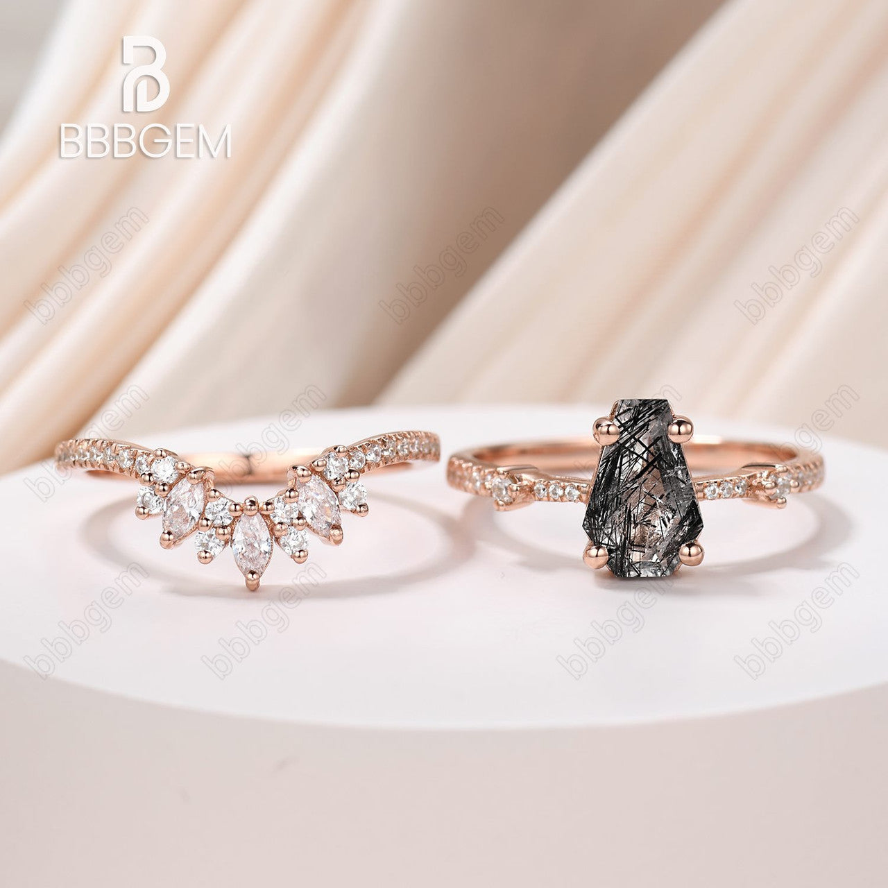 Dark Night Black Coffin Cut Wedding Ring Set Natural Rutilated Quartz Promise Bridal Set