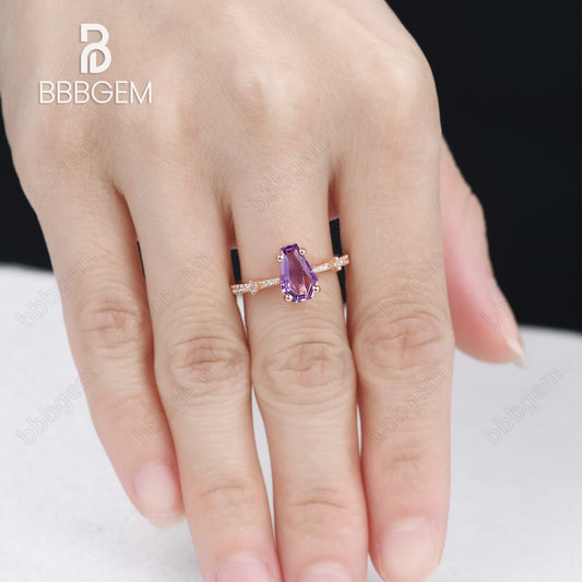 14k Rose Gold Coffin Crystal Solitaire Engagement Ring With Purple Amethyst Feb Birthstone