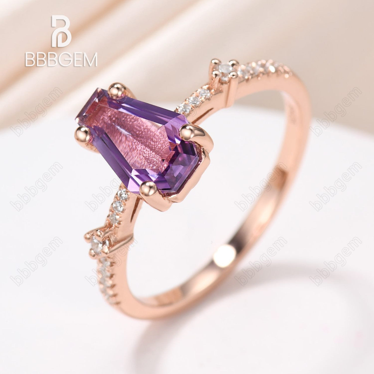 14k Rose Gold Coffin Crystal Solitaire Engagement Ring With Purple Amethyst Feb Birthstone