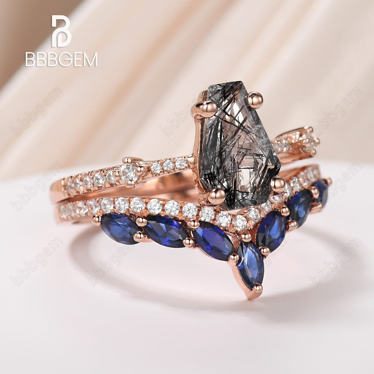 Gothic Black Quartz Coffin Ring Set Witch Black Rutilated Quartz & Blue Sapphire Gemstone Ring Jewelry 18K White Gold
